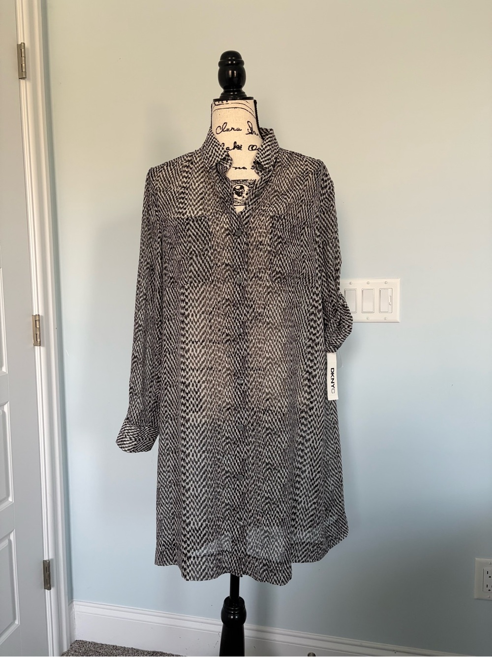 DKNY Print Sheer Button Front Dress